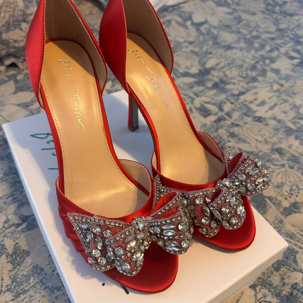 Betsey Johnson Red Satin Heels with Rhinestone Bow